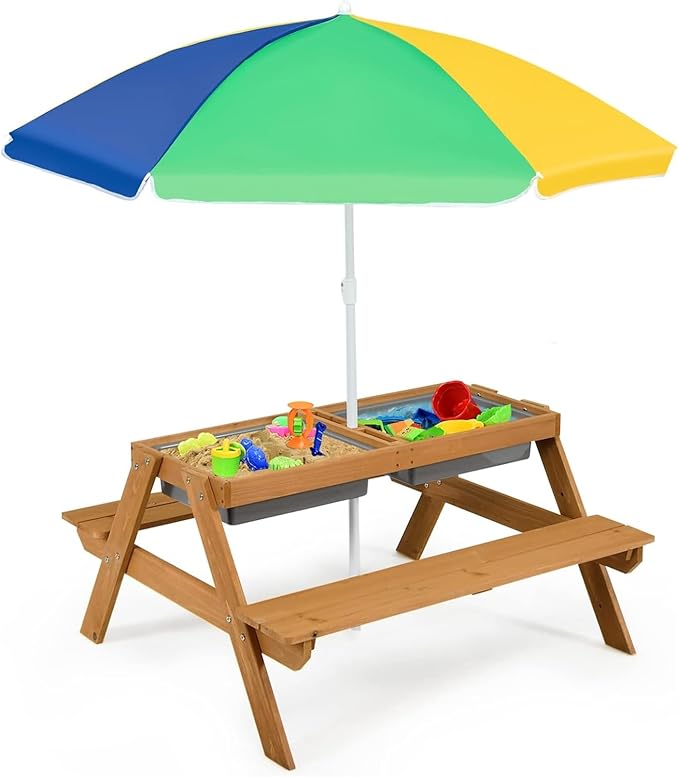 HONEY JOY Kids Picnic Table, 4 in 1 Cedar Wooden Sand & Water Table w/ 2 Removable Box & Umbrella, Kids Picnic Tables for Outdoors Backyard Garden, Toddler Patio Furniture Set for Boys Girls(Colorful)