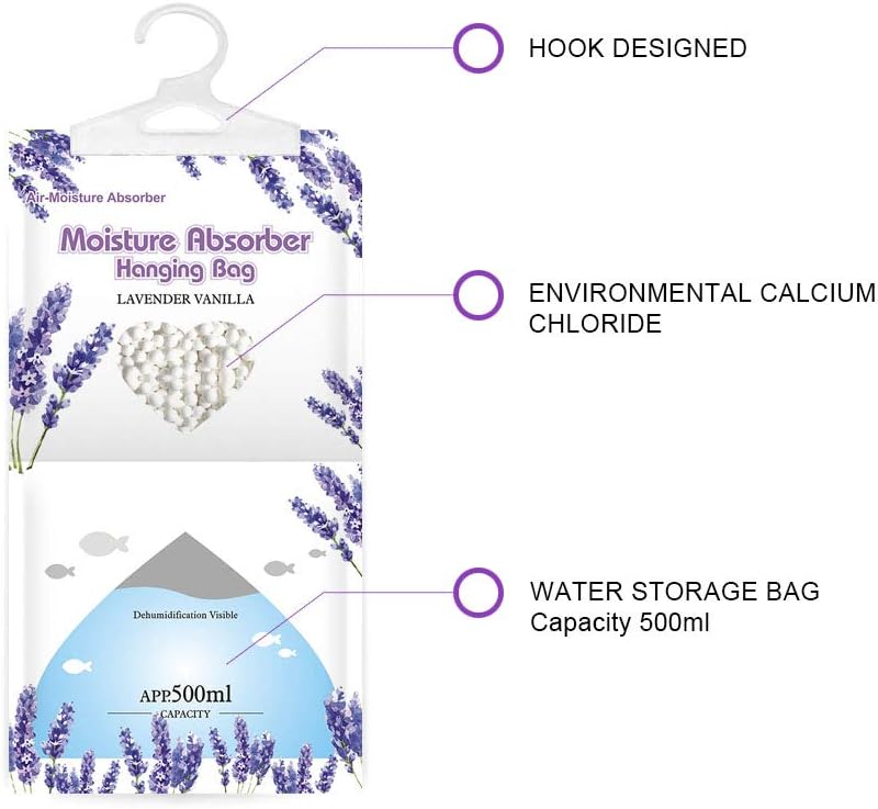 CANAGER Hanging Moisture Absorber, Lavender Vanilla Moistureproof Hanging Bag，Dehumidifier Bag (8 packs) Hanging Closet Dehumidifier Bags, Moisture Absorb 12.5 oz