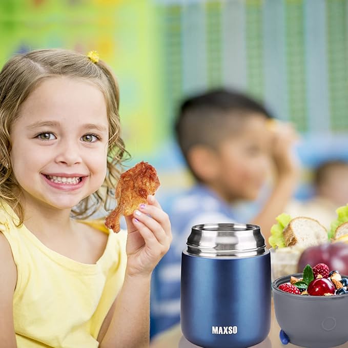 Insulated Thermo Food Jar for Hot & Cold Food for Kids Adult, 17 oz Soup Thermal Hot Food Containers for Lunch, Triple Layer Insulation Stainless Steel Food Jar with Spoon(Blue)