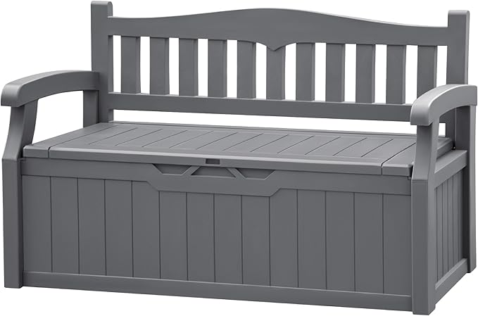 JUMMICO 80 Gallon Resin Outdoor Storage Bench, Large Deck Box with Armrest, Lockable & Waterproof for Garden, Home, Patio, Pools (Grey)