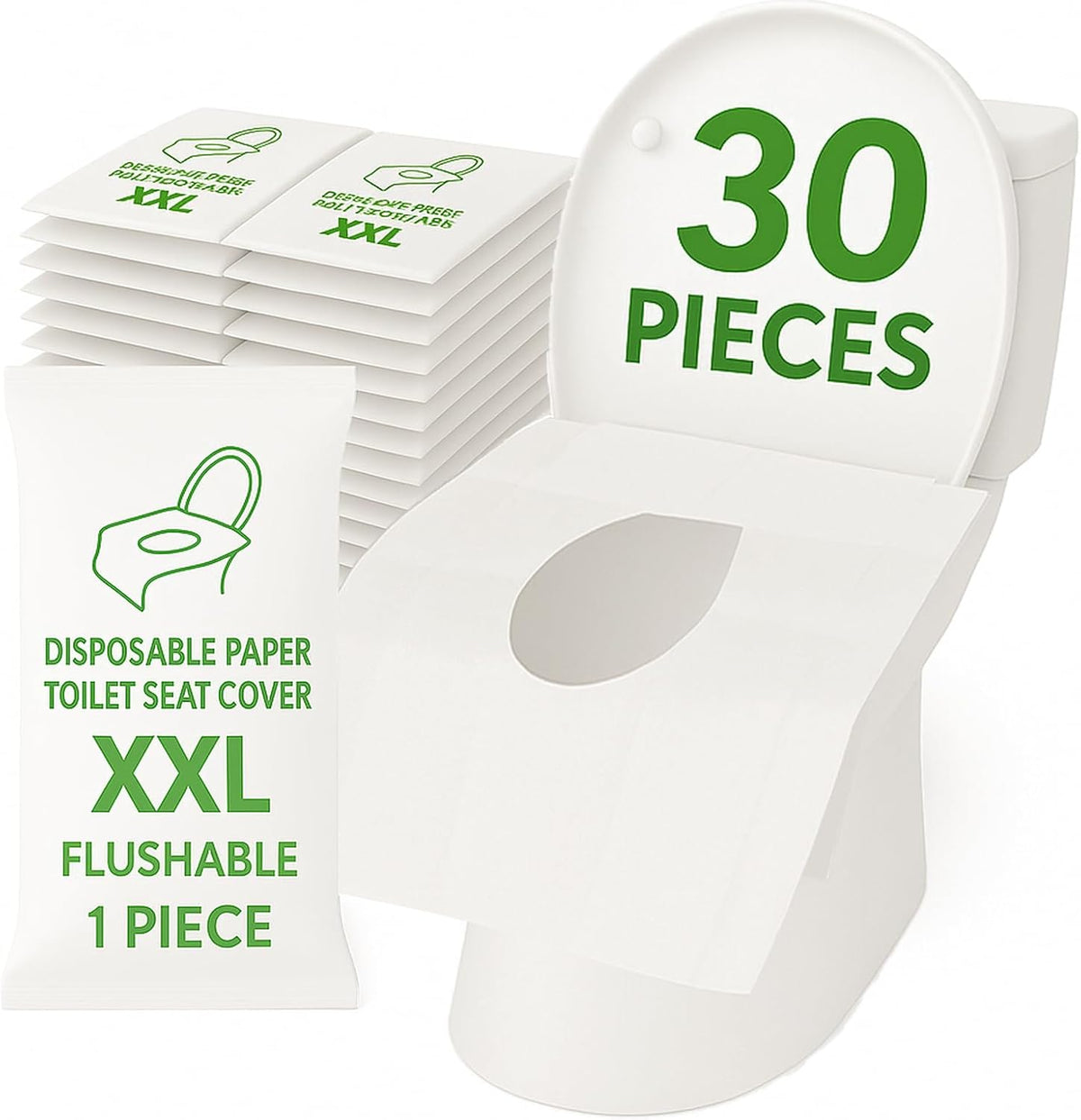 Individually Wrapped XXL Toilet Seat Covers Disposable Flushable for Travel (30 Pack), Full Coverage Paper Liners for Kids & Adults