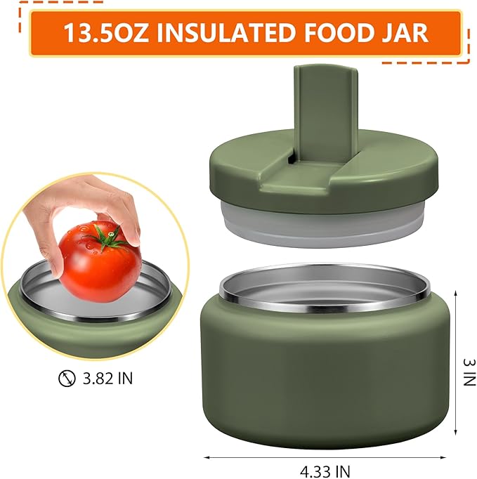 13.5oz Kids Thermos for Hot Food, Insulated Vacuum Food Jar with Buckle Lid, Stainless Steel Wide Mouth Leak Proof Insulated Lunch Container for School Picnic Travel, Green