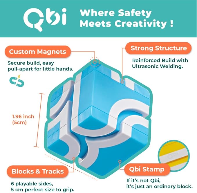 QBI Magnetic Blocks Play Starter Set｜4-in-1 STEM Building Blocks with 4 Cars & 3D Track Tiles｜Educational Sensory Magnet Toys｜Preschool Montessori Toys for Kids Ages 3-5-8 Year Old Boys and Girls