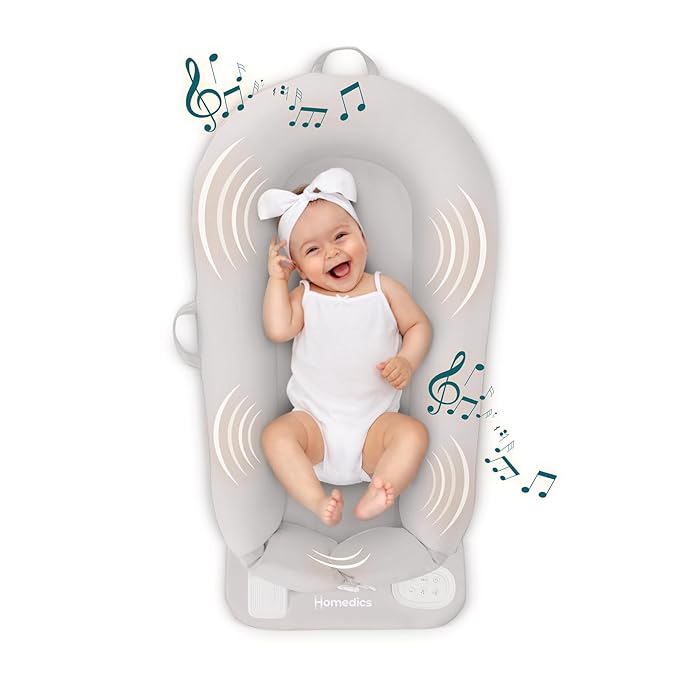 MyBaby 3-in-1 Calming Baby Cushion, Soothing Comfort for Newborns & Infants, Snuggling Sensation, Sound and Vibration, Designed for Safety, Rechargeable & Machine-Washable, by Homedics, Gray