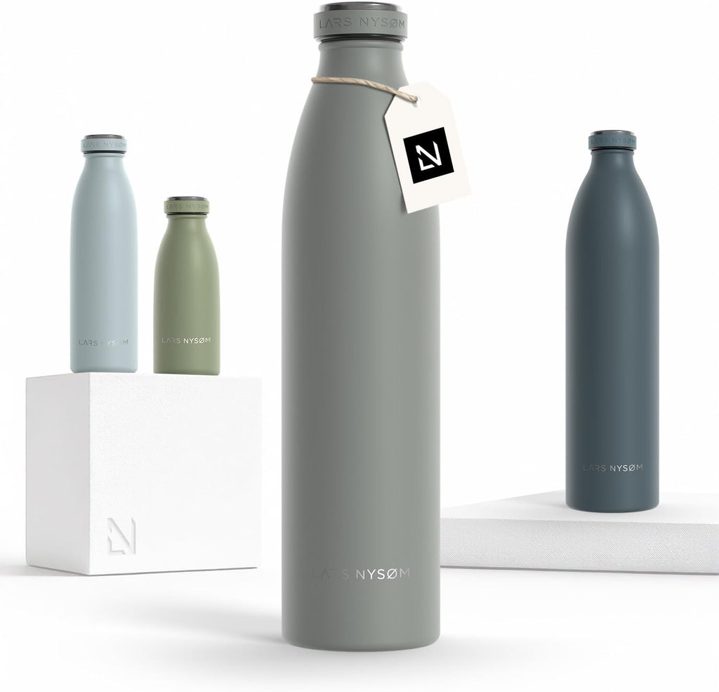 LARS NYSØM Stainless Steel Insulated Water Bottle 12oz 17oz 25oz 34oz 51oz | Insulated Thermo Flask for Hot and Cold Beverages | Leakproof Drinking Bottle (Ash Gray, 33.9 oz)