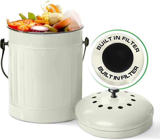 Plexon Countertop Compost Bin Kitchen Indoor with Lid, Off-White 1.5 Gallon Odorless Container, Steel Food Compost Bucket for Kitchen with Charcoal Filter, Compost Pail Countertop