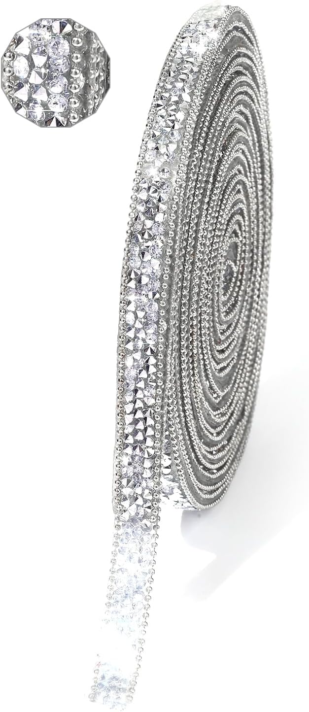 Rhinestone Ribbon 6 Yards Self Adhesive Rhinestone Strips Diamond Ribbon Sticker Crystal Roll Glitter Bling Rhinestones Tape for Crafting DIY Art Decoration (Silver,0.4 Inch)
