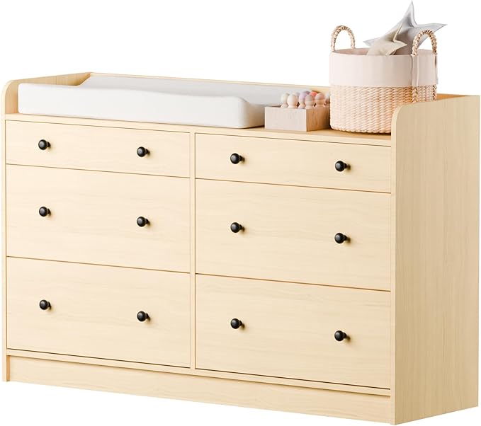 Cozy Castle Baby Dresser with 6 Drawers and Large Table Top, Multi-Functional Chest of Drawer, Drawer Dresser with Three-Sided High Rails for Nursery, Children's Room, Bedroom, Oak