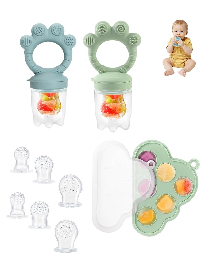 Baby Popsicle Molds & Food Feeder Set, Baby Fruit Feeder for Infant Teething Relief & Safe Infant Self Feeding 4 Months+ Starting Solids for Essentials (Green+Blue)
