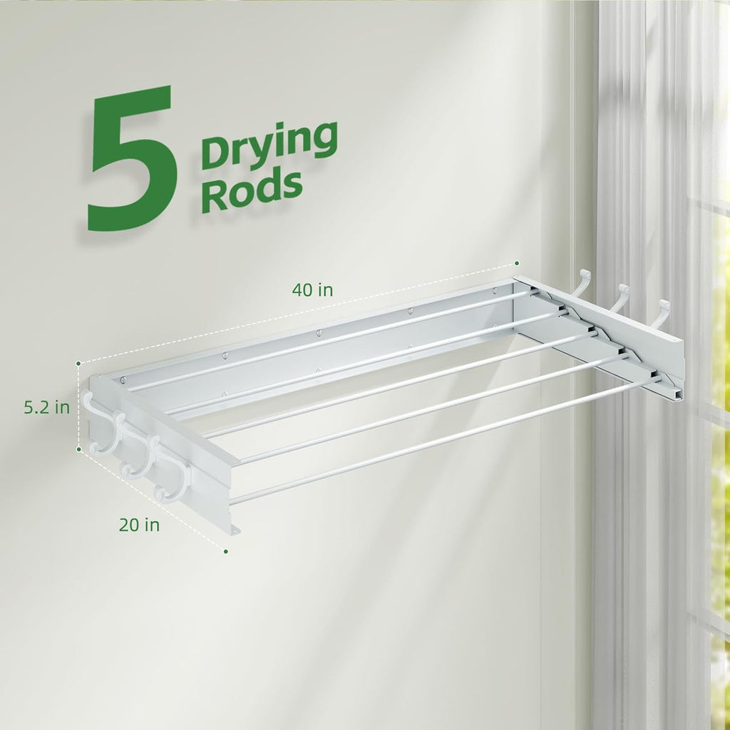 BAKON Clothes Drying Rack Wall Mounted 40", Laundry Clothes Drying Rack Collapsible with 6 Towel Hooks and 5 Rods for Hanging Clothes, Space Saving Laundry Rack for Small Space Bathroom Bedroom(40")