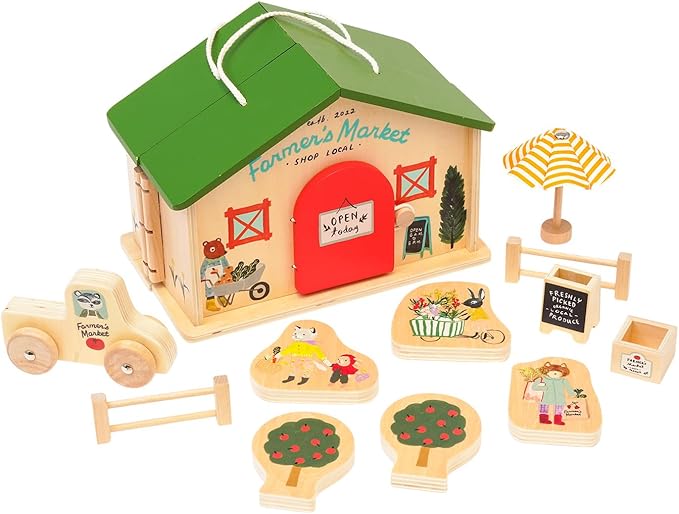 Manhattan Toy Farmer’s Market Day 12-Piece Portable Wooden Toy Figure Pretend Shopping Playset