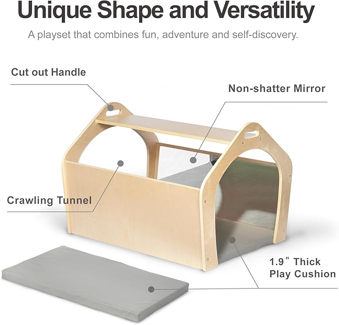 Wooden Playhouse for Toddlers w/Double Non-Shatter Safety Mirrors, Montessori Crawling Tunnel/Crawl-Through Play Set for Children and Kids, Daycare and Preschool Playroom(with Cushion)