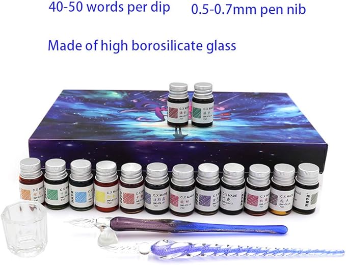AXEARTE Glass Dip Calligraphy Pen Set, 18-Pieces 14 Color Inks, Pen Holder, Cleaning Cup, 2 Crystal Glass Pens for Art, Writing, Drawing, Signatures, Gift for Kids and Artist