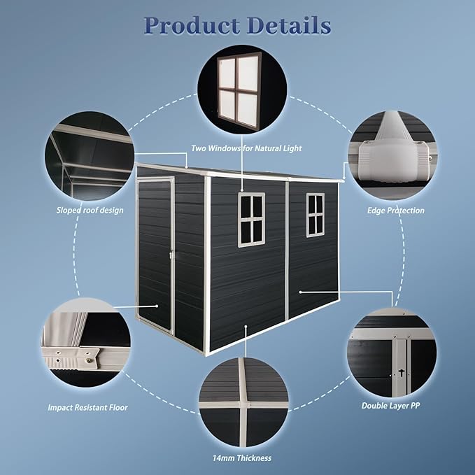 4‘x8’ Lean to Shed, Resin Storage Sheds Outdoor with Floor Included, Plastic Sheds & Outdoor Storage Clearance with 2 Windows, Backyard Storage Sheds for Garden Tools, Bicycle