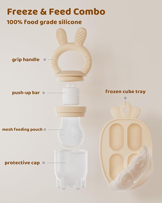 2 Packs Baby Fruit Feeder & Freezer Nibble Tray Combo, Push Pop Baby Food Feeder to Safely Introduce New Foods, Fresh & Frozen Food Silicone Feeder, 100% Food Grade, BPA Free (Caramel & Blue)