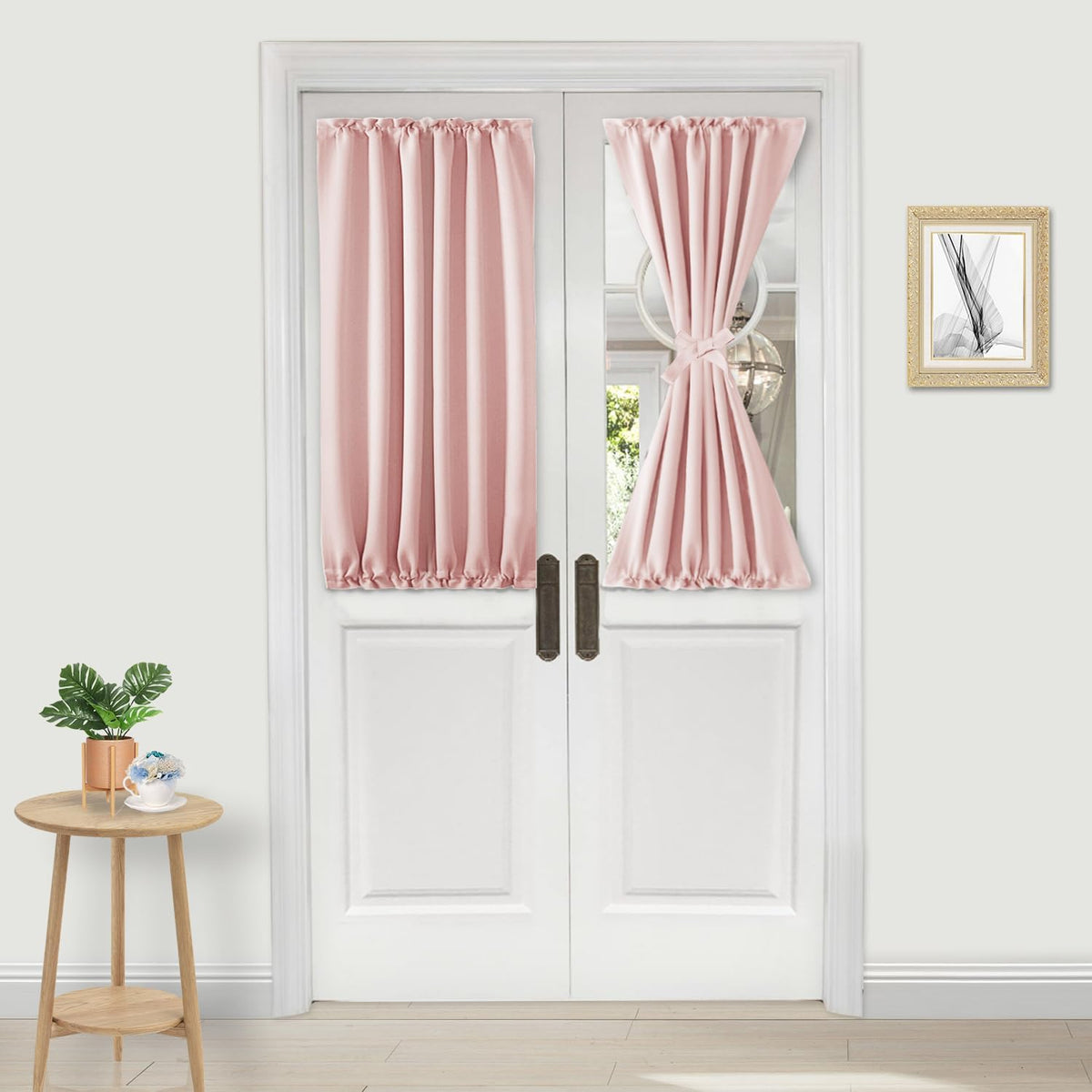 DWCN French Door Curtains – Rod Pocket Thermal Blackout Curtain for Doors with Glass Window, Kitchen and Patio Doors for Privacy, 25 X 40 Inches Long, 1 Curtain Panel with Tieback,Blush Pink