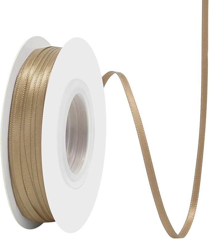 Tan Satin Ribbon 1/8 Inch X 50 Yards Solid Color Double Faced Ribbons Perfect for Crafts Wedding Decor Bow Making Arts Sewing and More