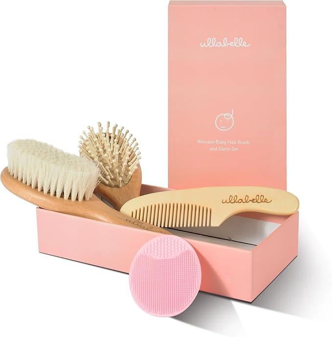 4 Piece Wooden Baby Hair Brush and Comb Set for Newborns & Toddlers in Chic Gift Box - Ultra Soft Natural Goat Hair and Wood Baby Brush Set Prevents Cradle Cap - Perfect Registry Gift (Pink)