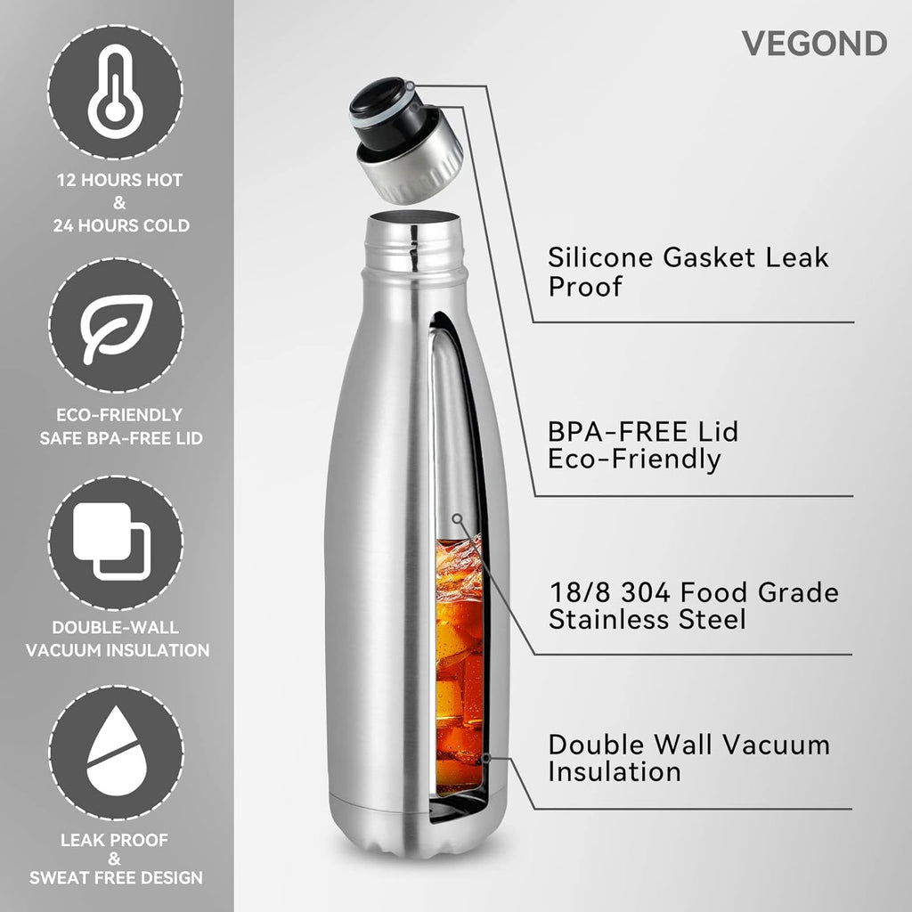 VEGOND 17oz Stainless Steel Water Bottles Bulk, Reusable Metal Sports Water Bottle Keeps Drink Hot and Cold, BPA Free Double Wall Vacuum Cola Shape Insulated Water Bottles for Camping Gym, 4 Pack