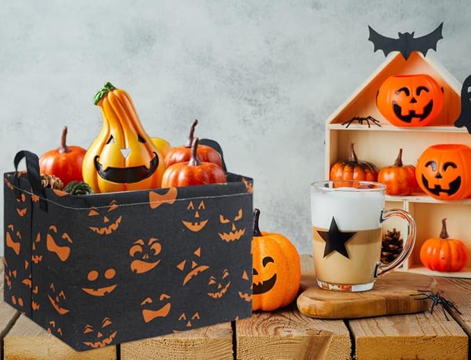 HIYAGON Rectangular Halloween Basket for Boys and Girls Kids Trick or Treat Pumpkin Basket for Halloween Parties Cute Storage Bin Organizer Box Room Decor(Black Pumpkin)