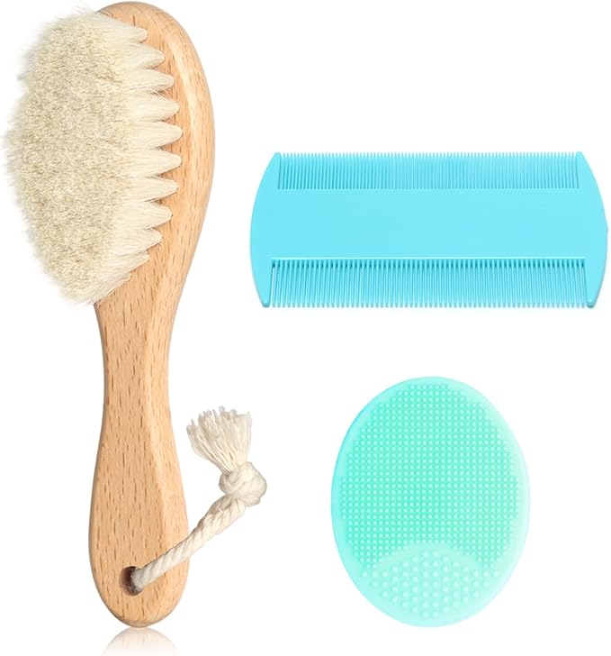 Goat Baby Hair Brush Set, Safe Natural Hair Care Kit with Wooden Soft Bristles Brush Comb Green Silicone Bath Brush for Newborns Toddlers (3pcs Set)