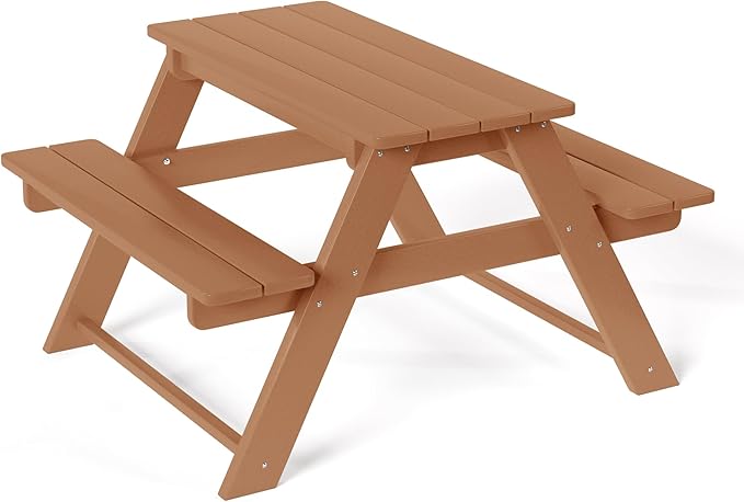 Costaelm Kids Picnic Table, HDPE All Weather Outdoor Toddler Picnic Table and Chair Set Kids Bench for Patio, Backyard, Garden, Lawn, Teak