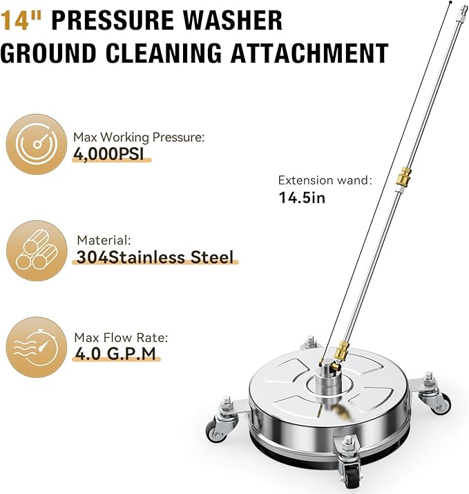 14" Pressure Washer Surface Cleaner with 4 Wheels, Stainless Steel Housing, 4000 PSI Max, 3 Connect Nozzles & 2 Extension Wands, Pressure Washer Surface Cleaner for Concrete, Patios, Sidewalks