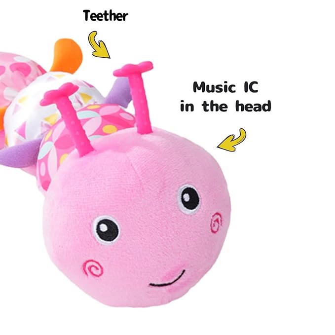 Baby Sensory Toys 0-12 Months, Plush Toys with Music and Rattle, Suitable for Newborn Baby Tummy time, can be Used as a Newborn Birthday, Holiday, Baptism Gift (Pink Caterpillar)