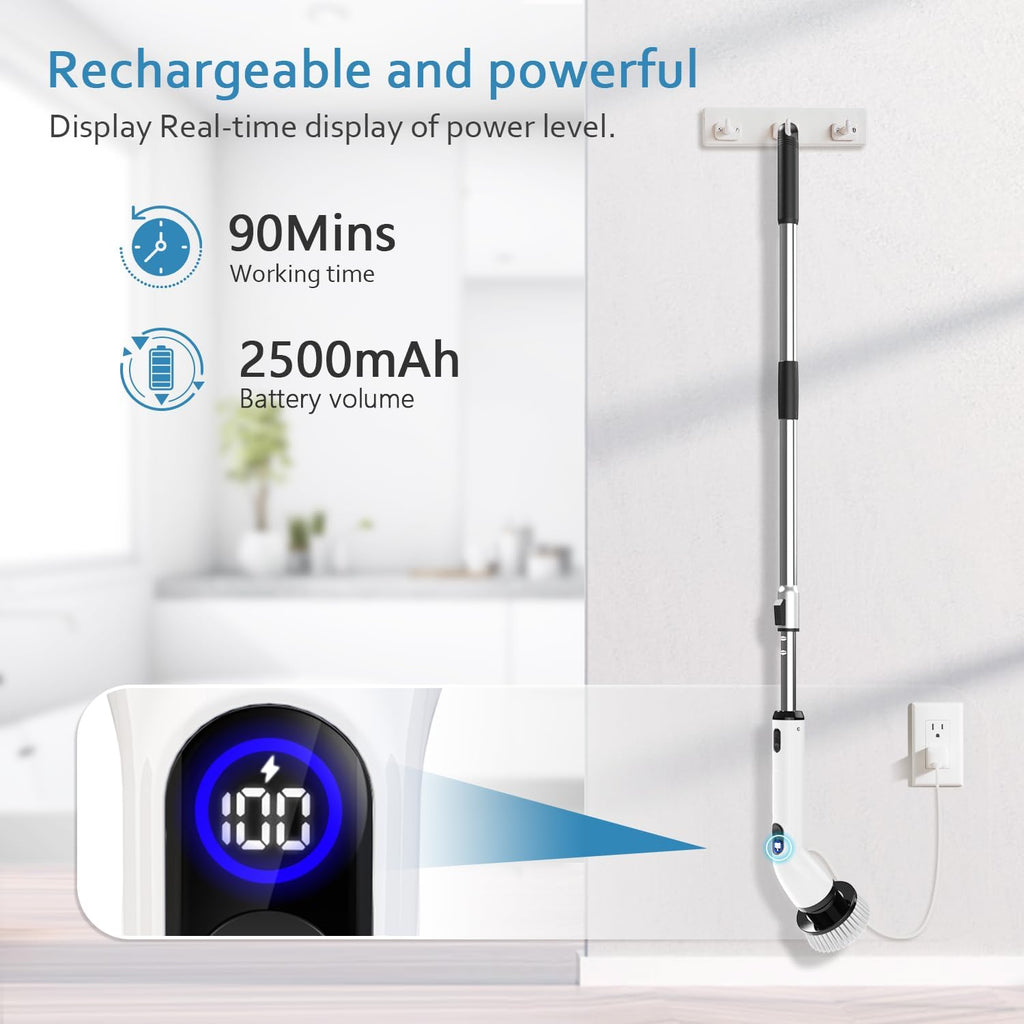 TUYU Electric Spin Scrubber, Full-Body IPX7 Waterproof Bathroom Scrubber with Power LCD Display, 8 Replacement Head, Adjustable Extension Handle, Cordless Shower Cleaner Brush for Bathtub Cleaning
