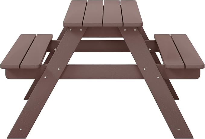 Costaelm Kids Picnic Table, HDPE All Weather Outdoor Toddler Picnic Table and Chair Set Kids Bench for Patio, Backyard, Garden, Lawn, Dark Brown