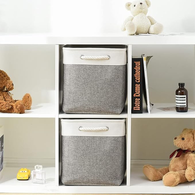 TcaFmac Organization and Storage Basket for Organizing - 16x12x12 inch Large 2 Pack Collapsible Storage Bins for Shelves, Fabric Storage Cubes for Box Closet Cloth Toy Books Kids (White & Grey)