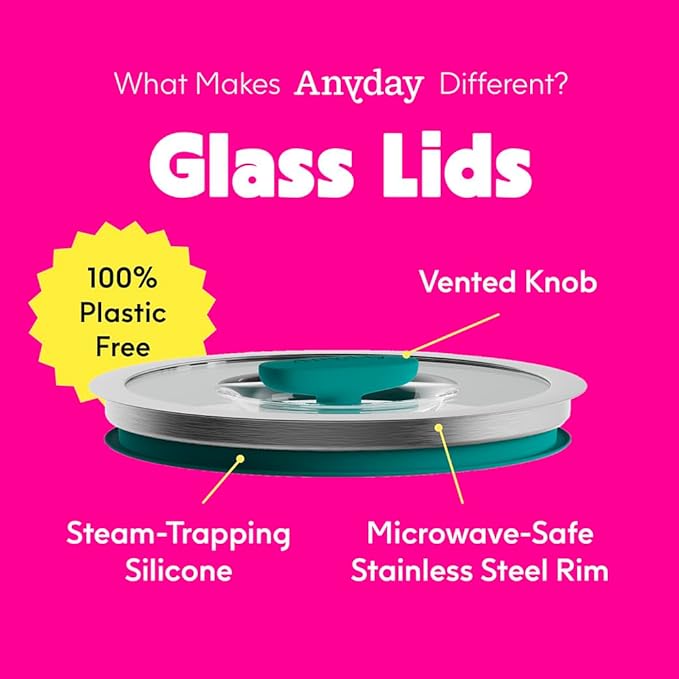 Anyday 4-Cup Microwave Cookware & Glass Container with Glass Lid, Plastic-Free Shallow Food Storage | Stackable Airtight Steamer with Vented Lid for Microwave-Safe Reheating, Steaming Vegetables
