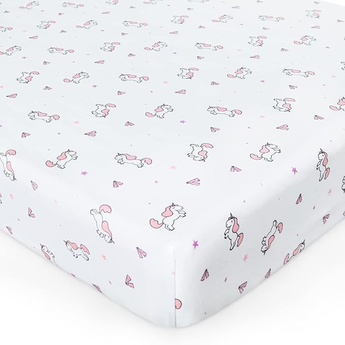 Girl Crib Sheets 4-Pack, Fitted Sheets 52'' x 28'' for Standard & Toddler Mattress, Soft Breathable Material, Neutral & Pink