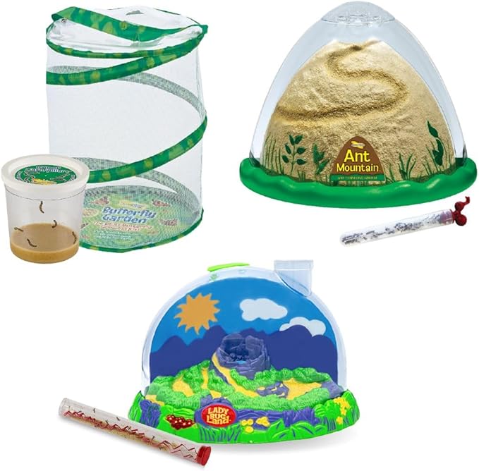 Insect Lore Bug Camp Bundle - Butterfly Kit with 5 Live Caterpillars, Ladybug Land with 1 Tube Live Larvae, Ant Mountain with 1 Tube Live Western Harvester Ants - Bonus Life Cycle Figurines & More