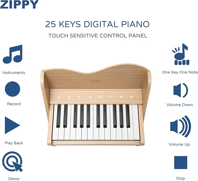 ZIPPY Kids Piano Keyboard, 25 Keys Digital Piano for Kids, Touch Sensitive Control Panel, Volume Adjustable, Mini Music Educational Instrument Toy, Wood Toy for Toddlers Girls Boys (Oak)
