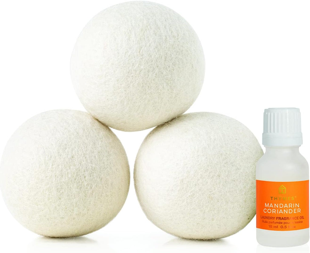 Thymes Wool Dryer Balls Set – Includes 3 Wool Laundry Balls + 1 Scented Laundry Fragrance Oil for Dryer – Eliminate Wrinkles, Static & Lint (Mandarin Coriander, 0.5 fl oz)