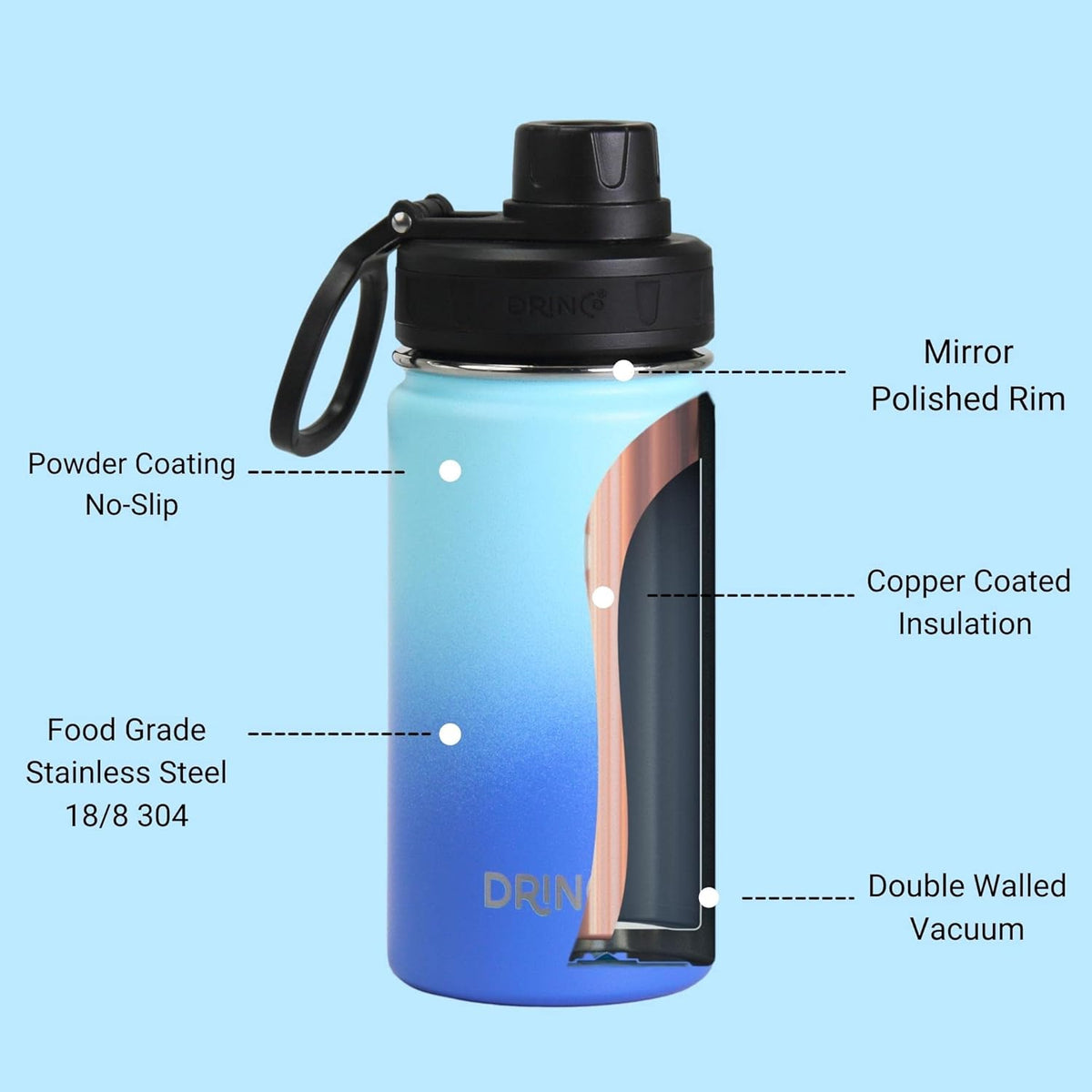 DRINCO Stainless Steel Water Bottle Spout Lid Vacuum Insulated Double Wall Water Bottle Wide Mouth (40oz 32oz 22oz 18oz 14oz) Leak Proof Keeps Cold or Hot (14 oz, 14oz Morning Sky Blue)