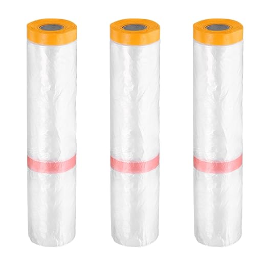 HARFINGTON 3 Rolls Pre-Taped Masking Film 177.2" x65.6ft Double Adhesive Tape and Drape Painters Plastic Drop Cloth Film with Tape Plastic Sheeting for Automotive Painting Covering