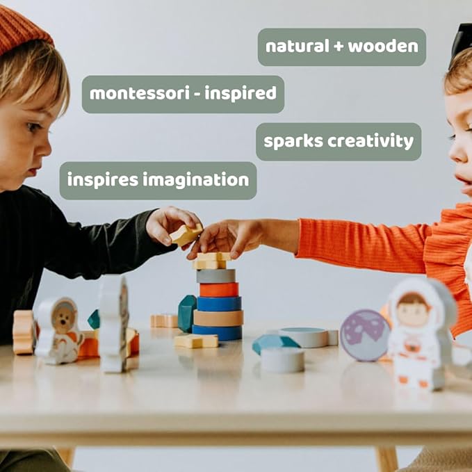 Toddler 30 Piece Stacking Wood Blocks Space Gift - Montessori 2 Year Old Fine Motor Skills Toy Learning Stacking Shape Sorter Sensory Preschool Busy Journey to the Moon (Book and Block Set, Wood)