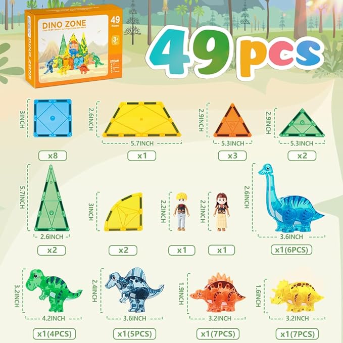 Dinosaur Magnetic Tiles,Animals Magnet Building Blocks Toys Dino World,3D STEM Educational Magnet Tiles for Boys Girls Kids Age 3 4 5 6 7 8