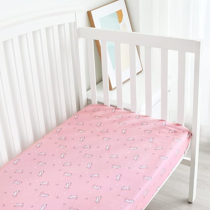 Girl Crib Sheets 4-Pack, Fitted Sheets 52'' x 28'' for Standard & Toddler Mattress, Soft Breathable Material, Neutral & Pink