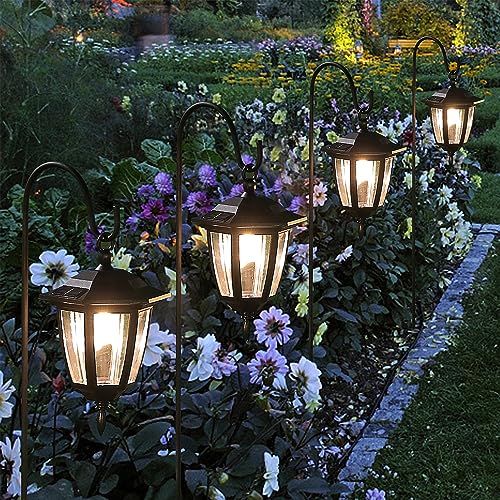 Dynaming 4 Pack Solar Hanging Lights Outdoor, Solar Powered Garden Decorative Lanterns with 4 x 38 Inch Shepherd Hooks, Waterproof Landscape Lighting for Lawn Patio Yard Pathway Driveway, Warm White - size: 4 Pack