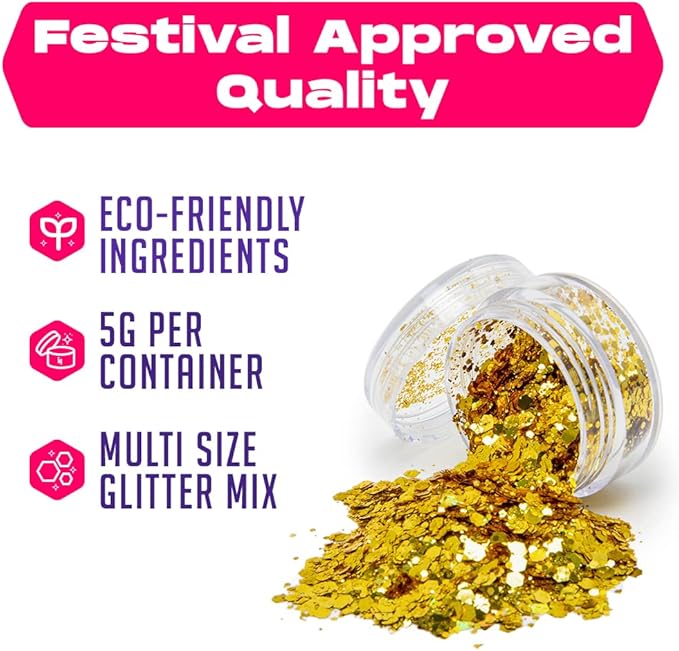 Gold Biodegradable Glitter Makeup | Plant Based, Eco Friendly, Hair Glitter, Face Glitter or Body Glitter | Cosplay, EDM Music Festival, and Rave Makeup Accessory | 5 Grams of Chunky Glitter