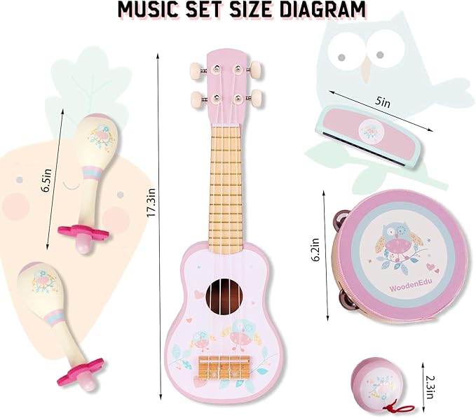 Kids Guitar for Girls, Wooden Musical Instruments Toys with Ukulele, Tambourine, Maracas, Harmonica, Mini Band Sets for Toddlers 2 3 Years Old Birthday Gift (Pink for Girls)
