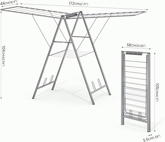 APEXCHASER Drying Rack Clothing, Clothes Drying Rack Foldable, Metal Laundry Drying Rack Collapsible for Sweater Towel Indoor & Outdoor, Height Adjustable Gullwing Clothes Airer, Grey