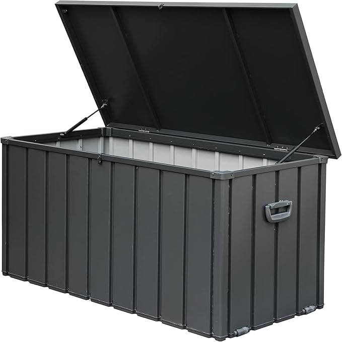KUIKUI 150 Gallon Deck Box Waterproof, 150 Gallon Outdoor Storage Box, Metal Deck Box Waterproof for Pool Patio Cushions and Sports Pools Equipment, Dark Gray