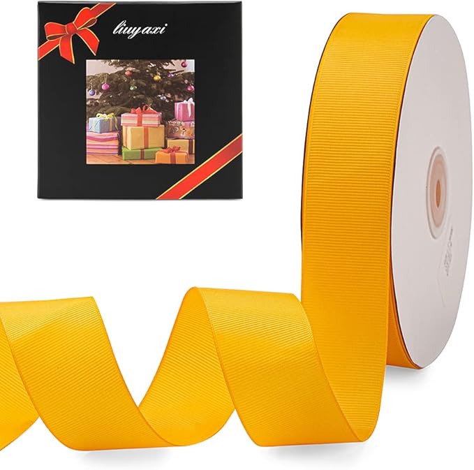 LIUYAXI 1" X 50 Yards Solid Gold Grosgrain Ribbon, Perfect for Crafts, Wedding Decor, DIY Hair Accessories, Sewing, Gift Package Wrapping and More