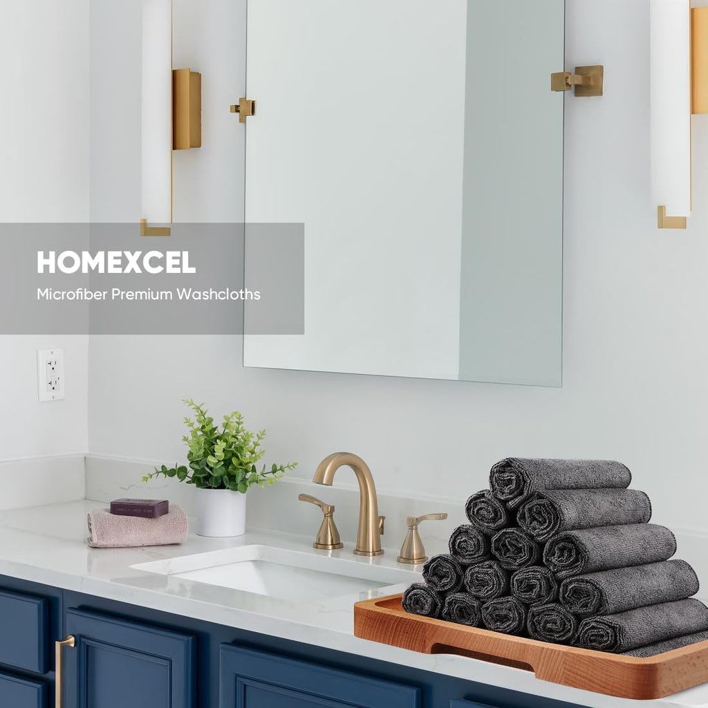 HOMEXCEL Microfiber Washcloths 24 Pack, Highly Absorbent and Soft Face Towel, Multi-Purpose Grey Wash Cloths for Bathroom, Hotel, Spa, Gym, and Kitchen, 12x12 Inch