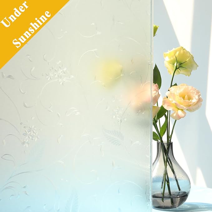 Mikomer Privacy Window Film Etched Flowers Static Cling Glass Door Film, Non Adhesive Heat Control Anti UV Window Cling for Office and Home Decoration,35 inches by 157 inches