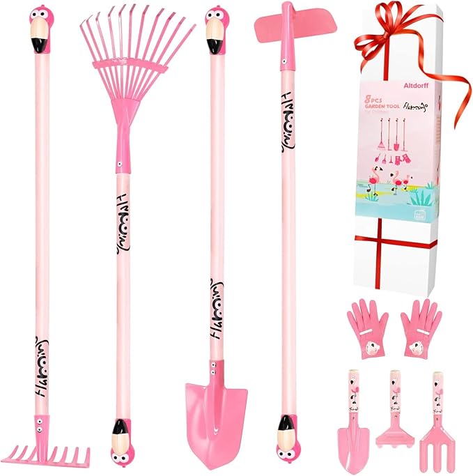Kids Gardening Tool Set Pink, Kid Rake and Shovel Set, 29.6'' Metal Leaf Rake, Shovel, Hoe and Mini Garden Yard Tools, Gardening Toy Gift for Kids Age 3+ Years(Pink), Develop Intelligence